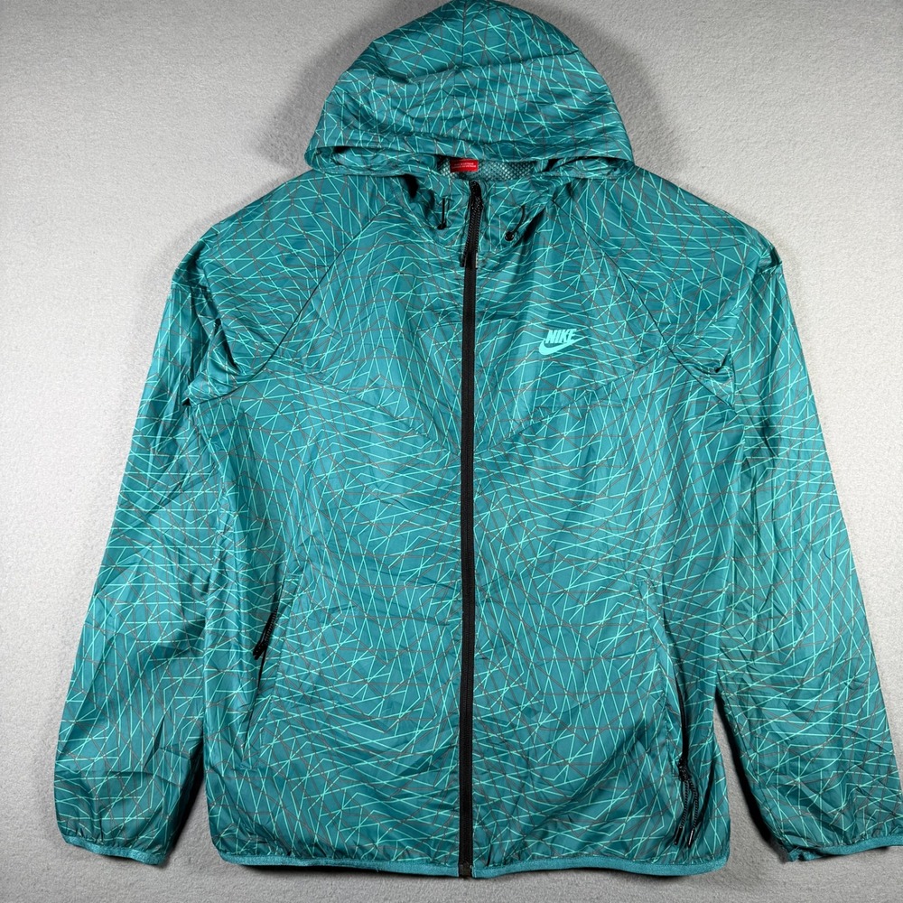 Nike Mens Teal Geometric Windrunner Hooded Windbreaker Jacket 653662-300 Large